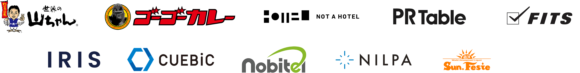 世界の山ちゃん/株式会社ゴーゴーカレー/NOT A HOTEL株式会社/株式会社PR Table/株式会社フィッツコーポレーション/株式会社IRIS/株式会社CUEBIC/株式会社nobitel/株式会社NILPA/株式会社サンフェステ