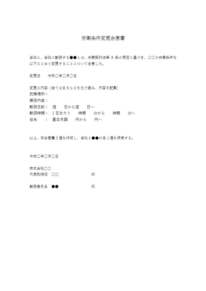 労働条件変更合意書（不利益変更 同意書）