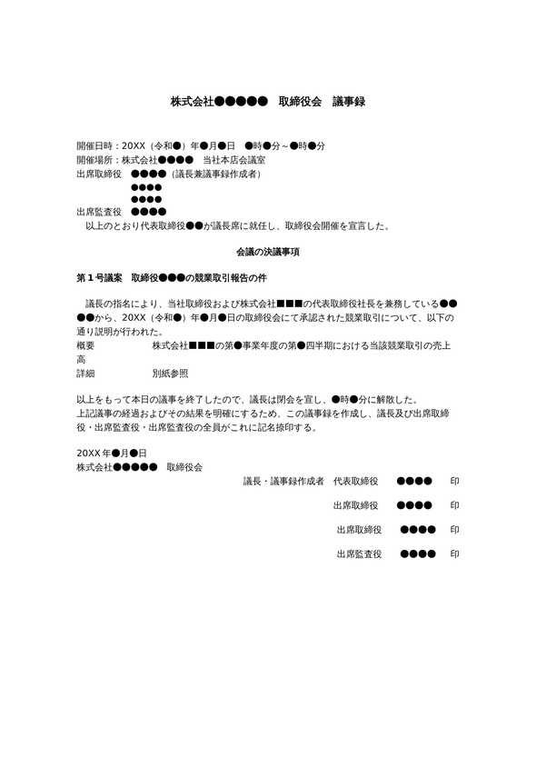 取締役会議事録　競業取引（報告)