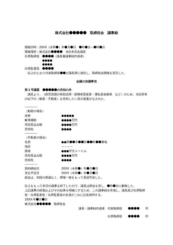 取締役会議事録　重要な財産の処分