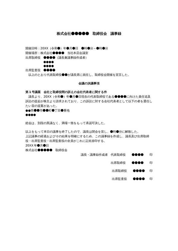 取締役会議事録　会社・取締役間の訴えの会社代表者