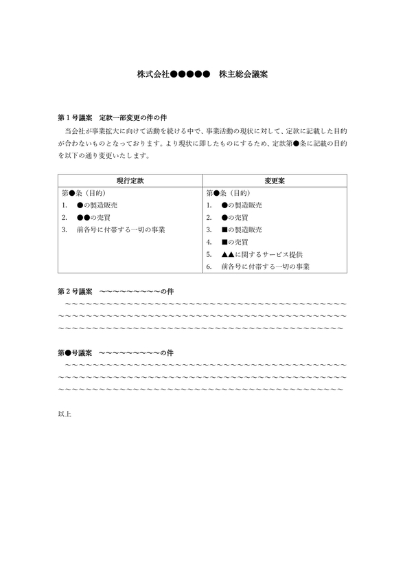 株主総会議案　定款の変更