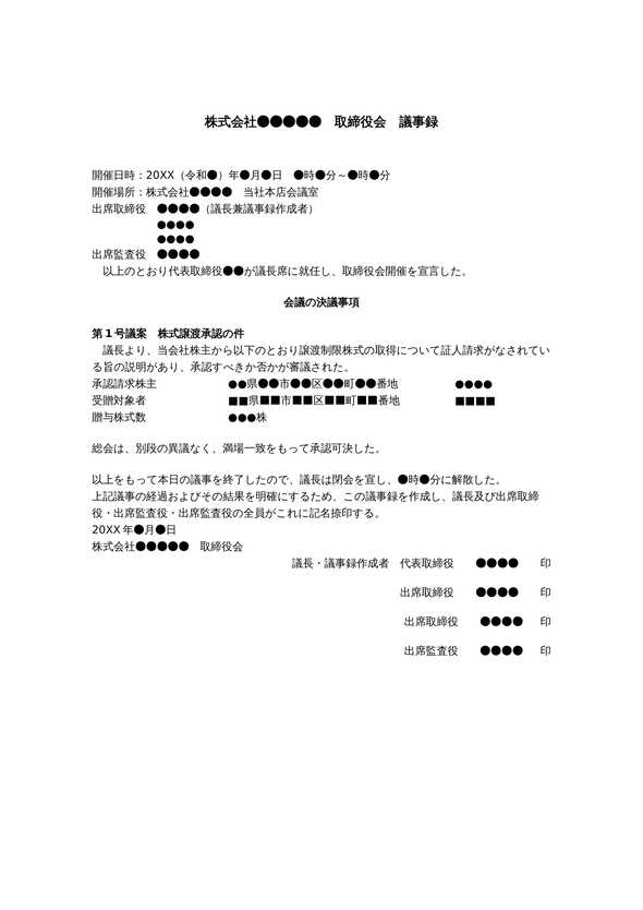 取締役会議事録　株式の譲渡承認