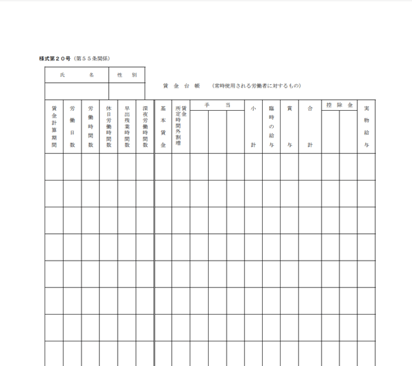 賃金台帳（常時労働者）