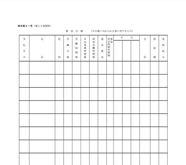 賃金台帳（日々雇い入れられる者）