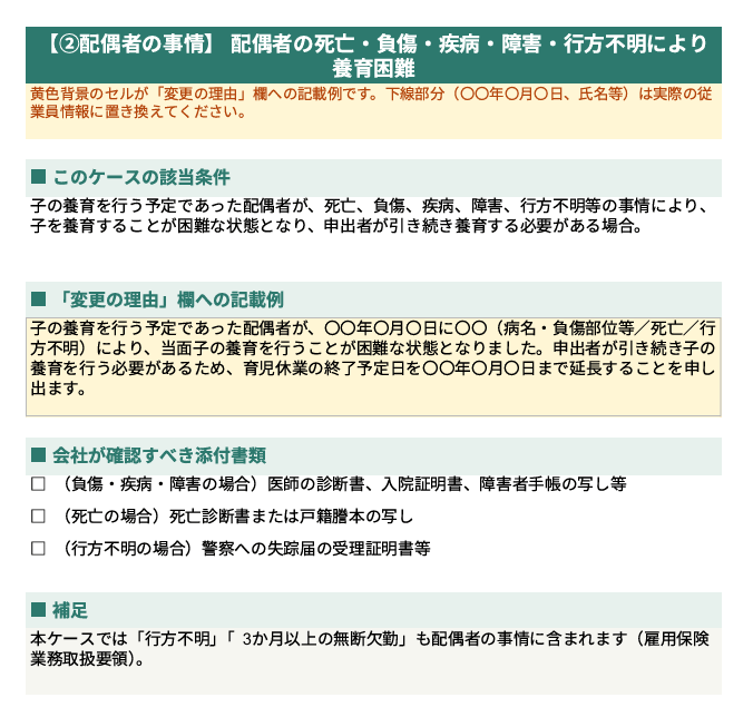 育児休業延長 理由別 文例集 配偶者の事情
