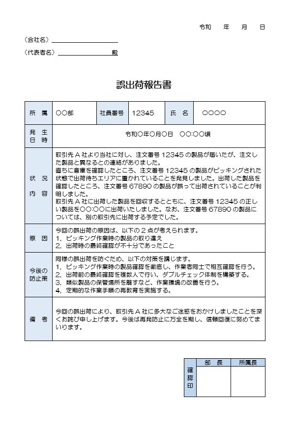 誤出荷の報告書（ワード）