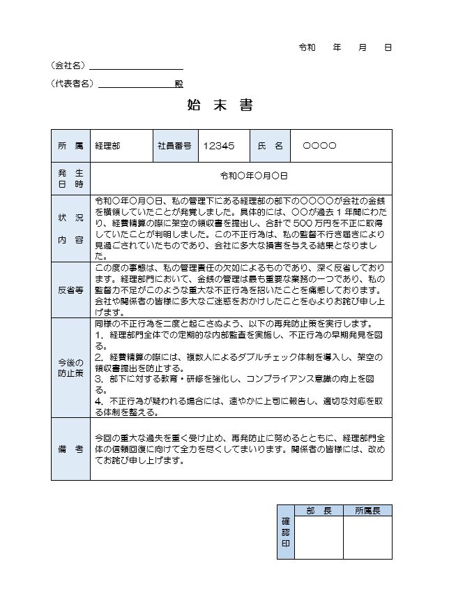 部下の不始末での始末書（ワード）