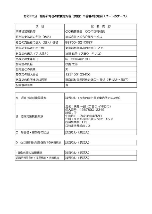 給与所得者の扶養控除等(異動)申告書 記入例 パート