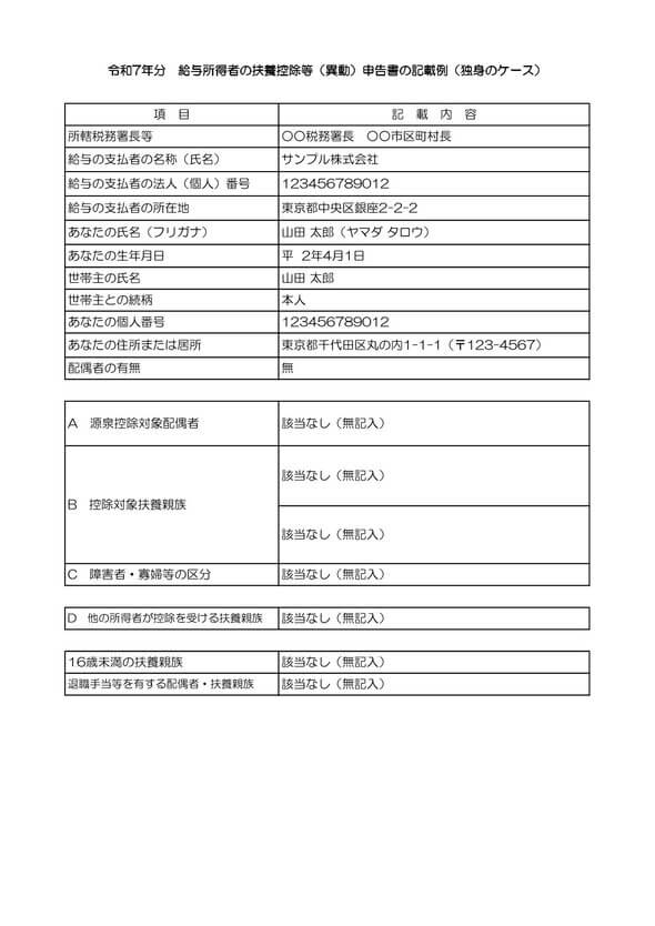 給与所得者の扶養控除等(異動)申告書 記入例 独身