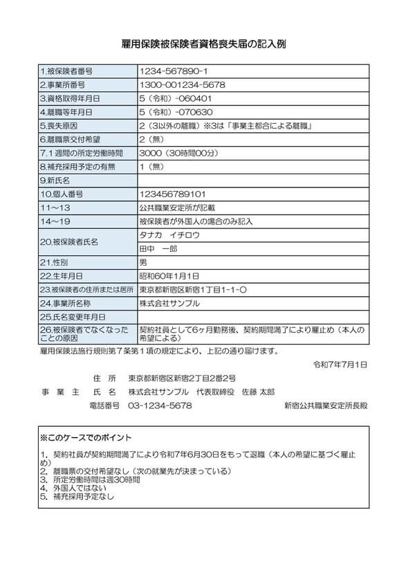 雇用保険被保険者資格喪失届 記入例