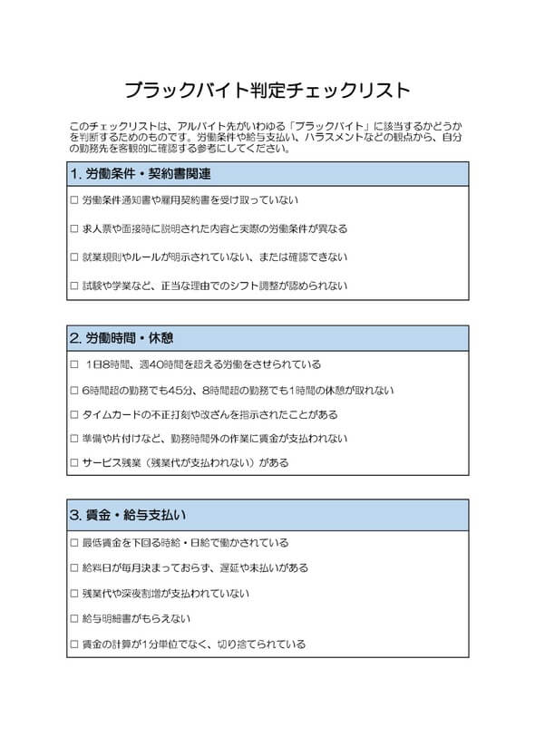 ブラックバイト判定チェックリスト