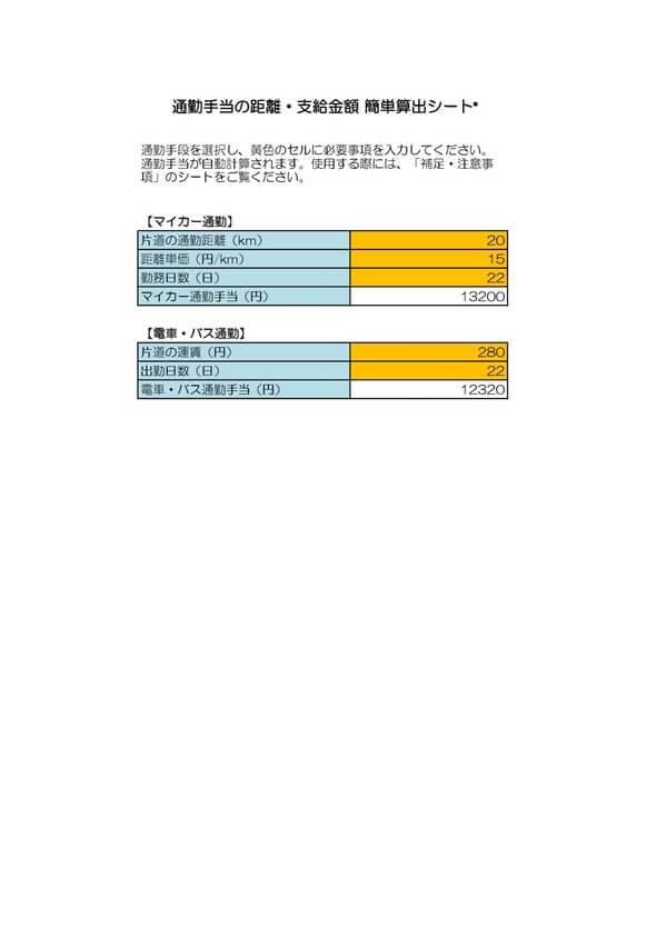 通勤手当の距離・支給金額 簡単算出シート