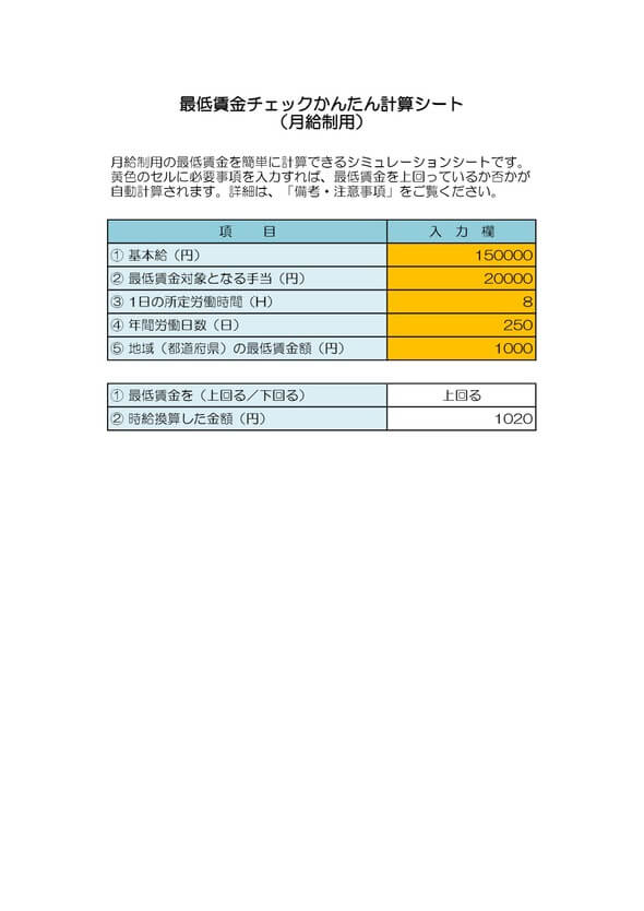 最低賃金チェックかんたん計算シート