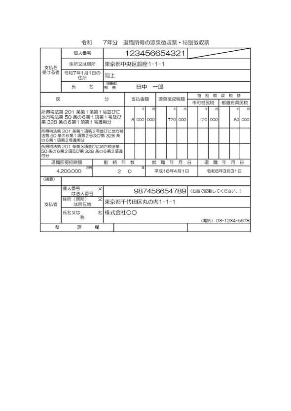 退職所得源泉徴収票記入例テンプレート