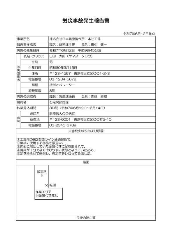 労災事故報告書 記入例