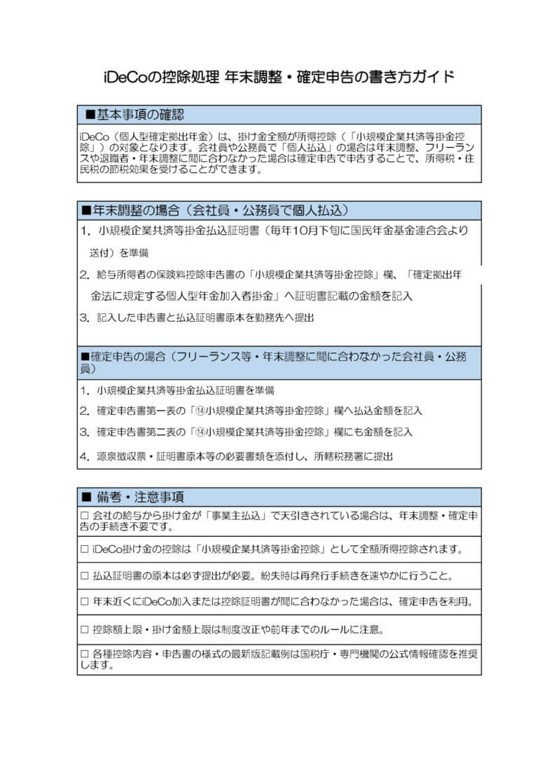 iDeCoの控除処理 年末調整・確定申告の書き方ガイド