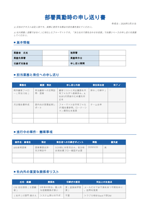 部署異動時の申し送り書