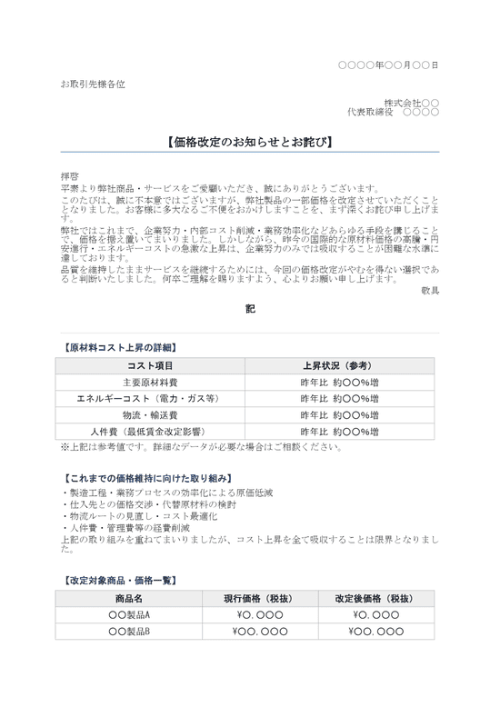 値上げのお知らせ 原材料高騰