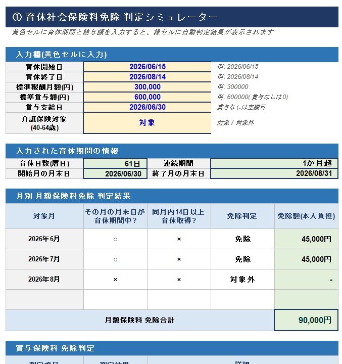 育休社会保険料免除 月またぎ判定シミュレーター