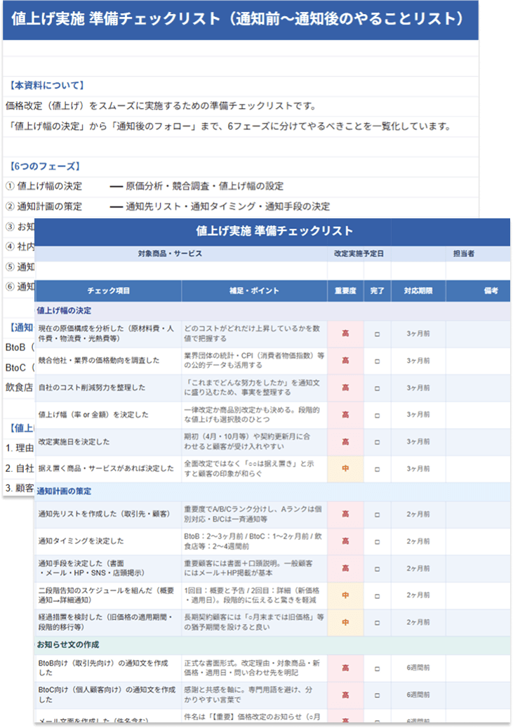 値上げ実施 準備チェックリスト（通知前〜通知後のやることリスト）