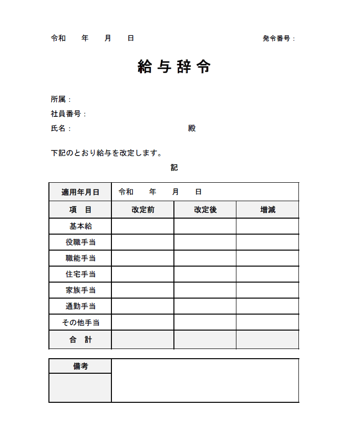 給与辞令（手当・改定前後の金額付き）
