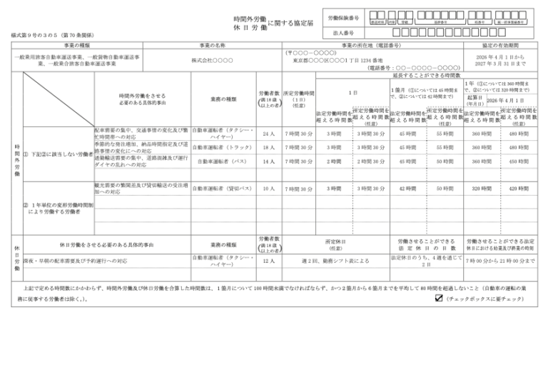 36協定届【自動車運転業務（タクシー・ハイヤー／トラック／バス）】 記入例