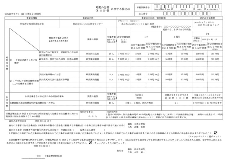 36協定届【新技術・新商品の研究開発業務】 記入例