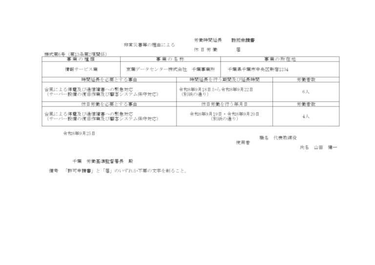 非常災害等の理由による労働時間延長・休日労働の届 記入例