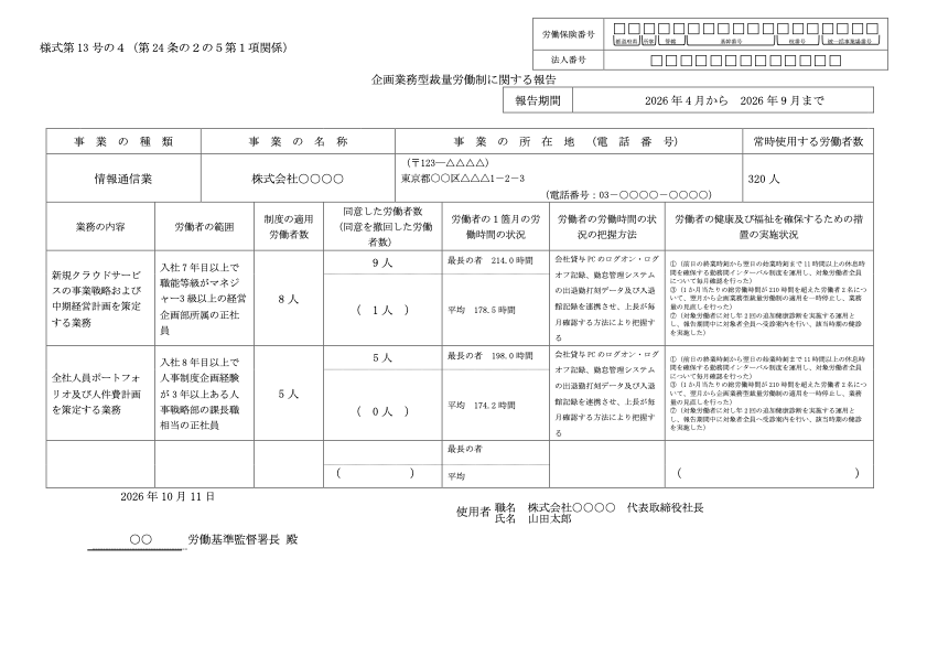 企画業務型裁量労働制に関する報告 記入例