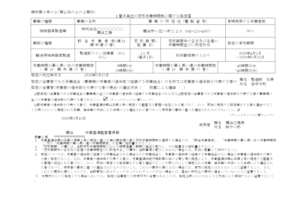 1箇月単位の変形労働時間制に関する協定届 記入例