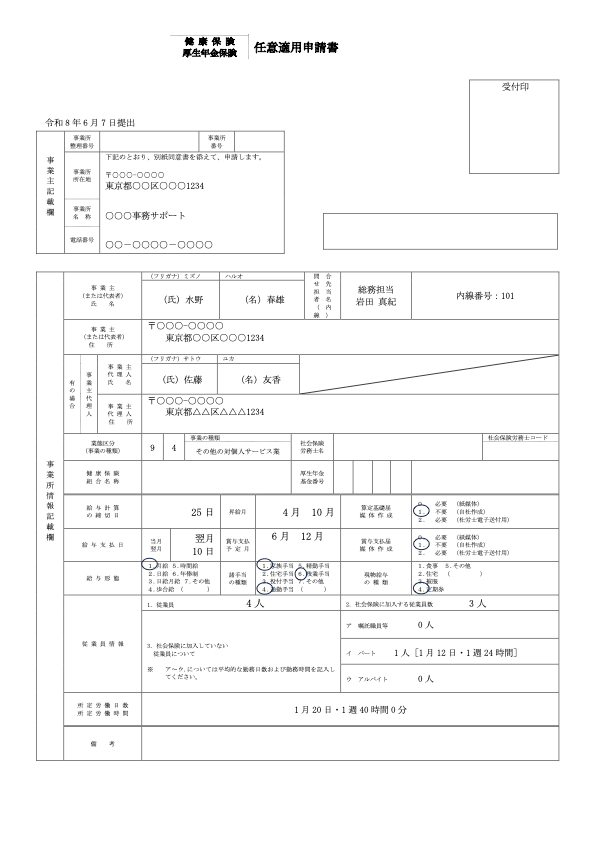 健康保険・厚生年金保険任意適用申請書 記入例