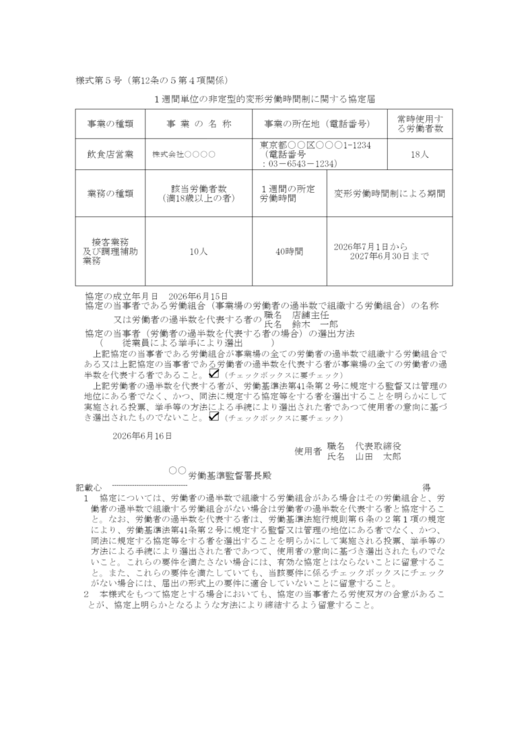 1週間単位の非定型的変形労働時間制に関する協定届 記入例