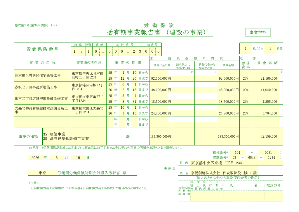 一括有期事業報告書・総括表（建設の事業） 記入例