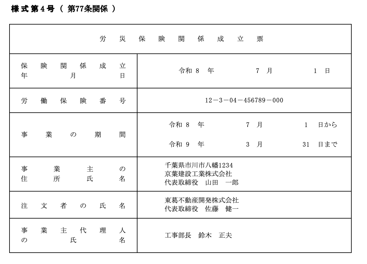 労災保険関係成立票 記入例