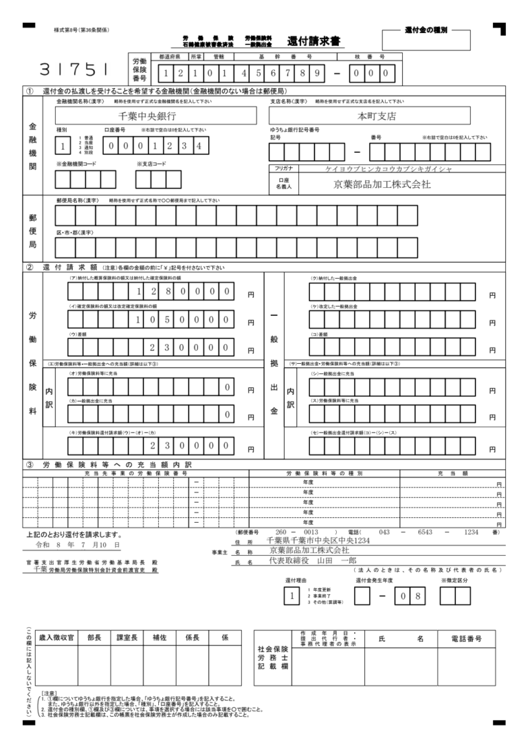 労働保険料・一般拠出金還付請求書 記入例
