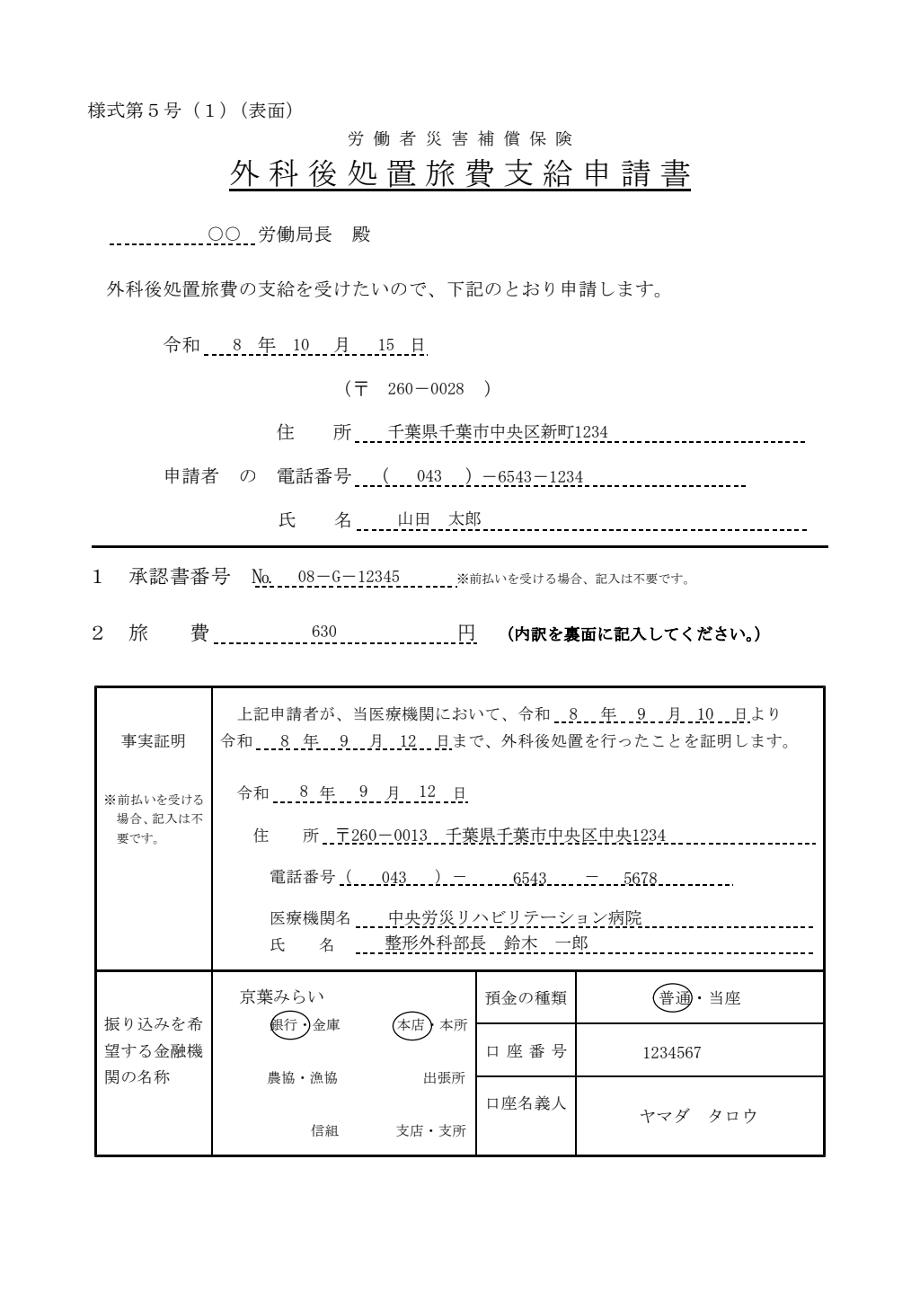 外科後処置旅費支給申請書 記入例