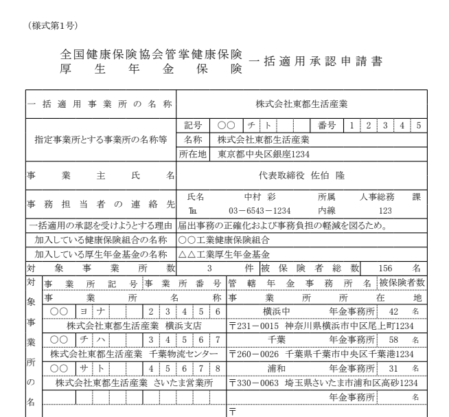 健康保険・厚生年金保険一括適用承認申請書 記入例