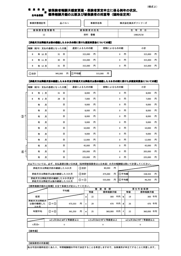 保険者算定申立に係る例年の状況、標準報酬月額の比較及び被保険者の同意等（随時改定用）記入例