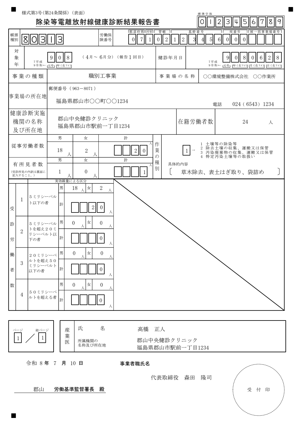 除染等電離放射線健康診断結果報告書 記入例