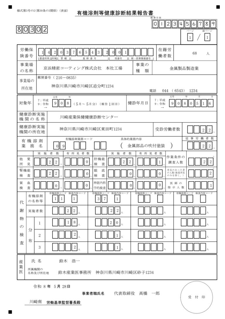 有機溶剤等健康診断結果報告 記入例