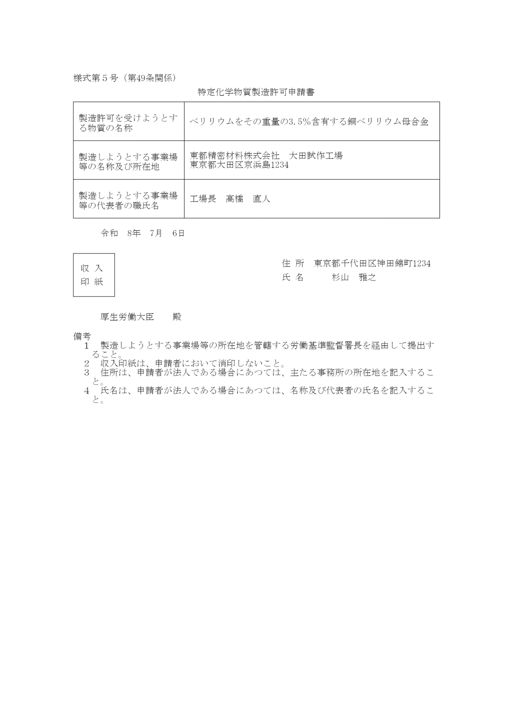 特定化学物質製造許可申請書 記入例
