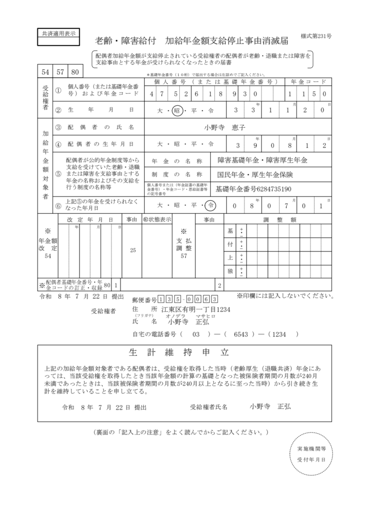 加給年金額支給停止事由消滅届 記入例