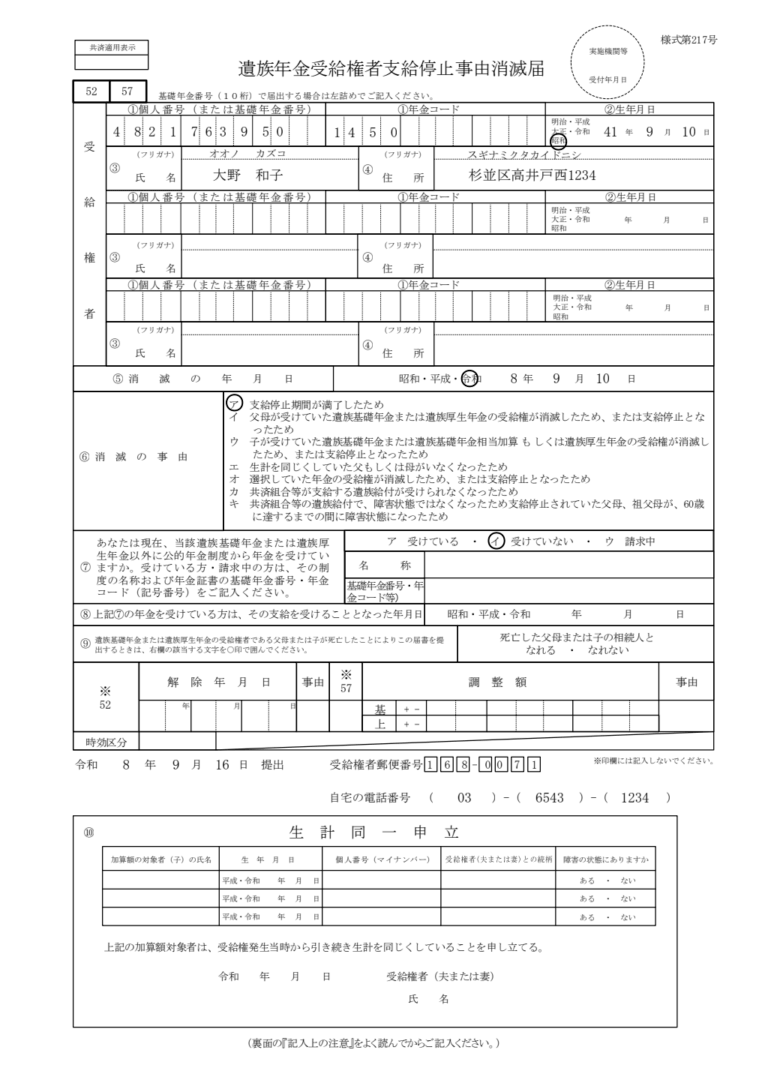 遺族年金支給停止解除届 記入例
