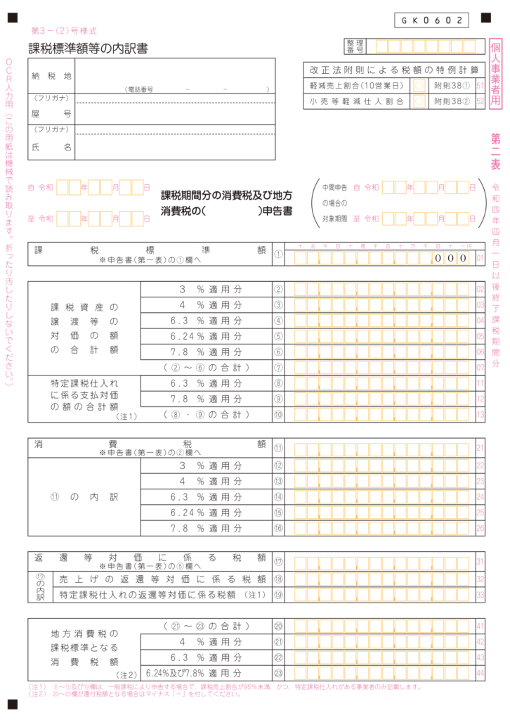 ＜一般用＞申告書第二表　課税標準額等の内訳書