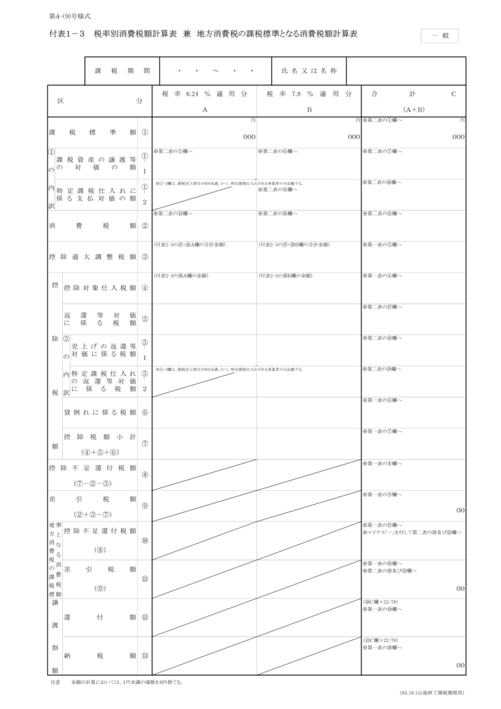 ＜一般用＞付表1－3 税率別消費税額計算表兼地方消費税の課税標準となる消費税額計算表