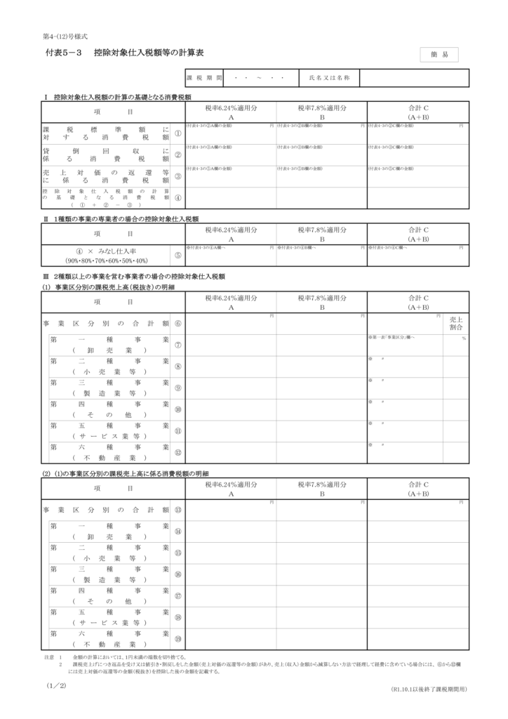＜簡易課税用＞付表5－3 課税売上割合・控除対象仕入税額等の計算表