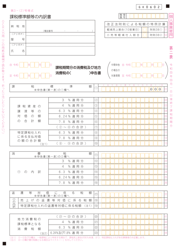 ＜簡易課税用＞申告書第二表　消費税及び地方消費税の申告書