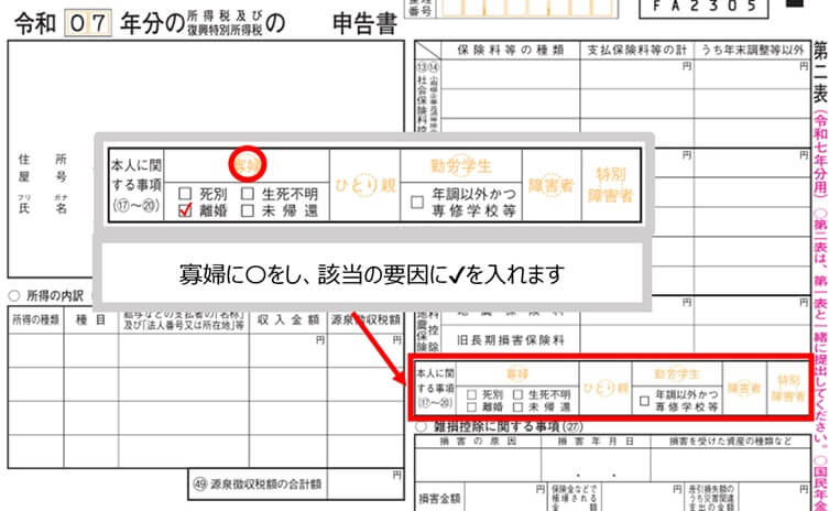 確定申告書 第二表 寡婦控除