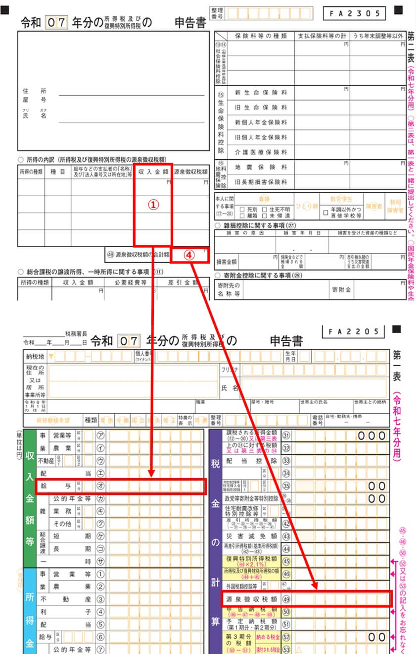 ①「収入金額」④「源泉徴収税額」